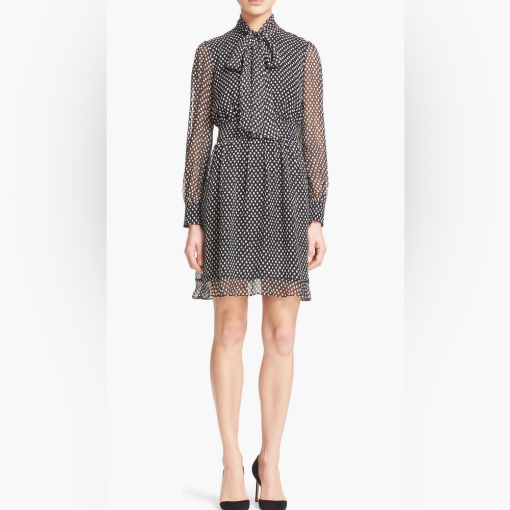 Diane Von Furstenberg Black and White Polka Dot Tie-Neck Long Sleeve Dress